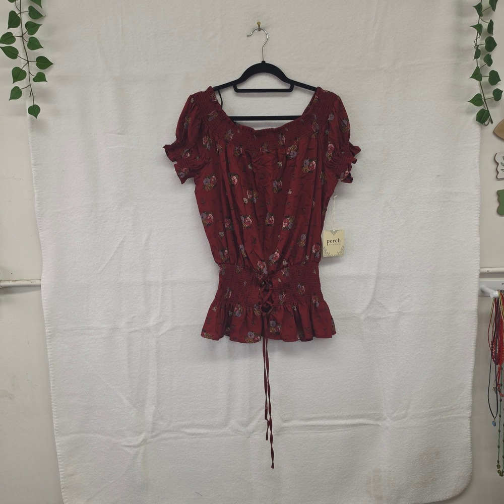 NWT Perch by Blu‎ Pepper Burgundy Floral Smocked Lace Up Peasant Top 2XL
